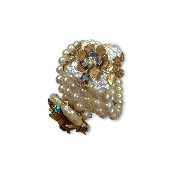 Miriam Haskell Faux Pearl Aurora Borealis Necklace Bracelet Earrings Set - Picture 8 of 13